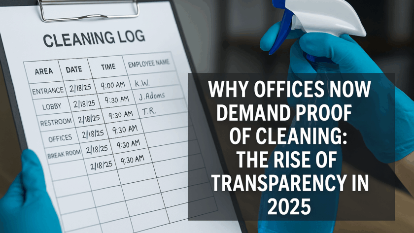 Clean Connects LLC cleaning log clipboard with gloved hand and spray bottle showing proof of cleaning in a Nashville office