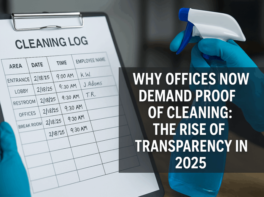 Clean Connects LLC cleaning log clipboard with gloved hand and spray bottle showing proof of cleaning in a Nashville office